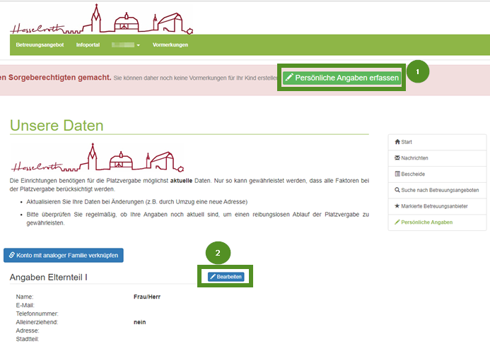 Menüleiste Persönliche Angaben erfassen